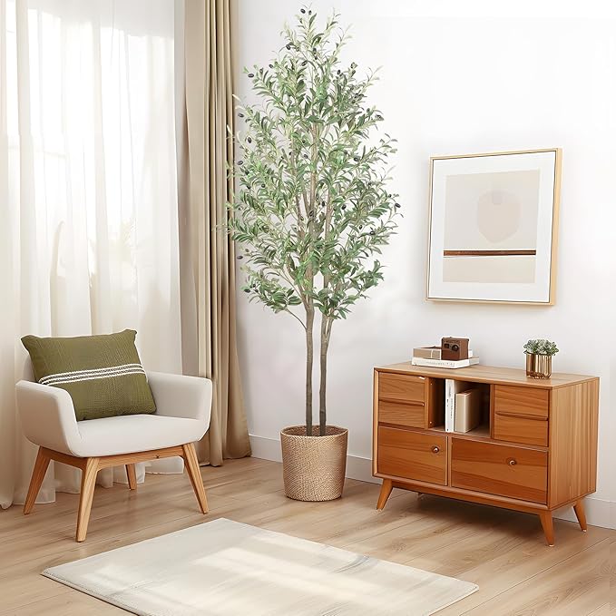 Artificial Olive Tree 7FT Tall Faux Silk Plant(84" in), Indoor Fake Olive Tree with Natural Wood Trunk & Lifelike Fruits, Perfect for Modern Home Office Living Room Floor Decor, 7 FT