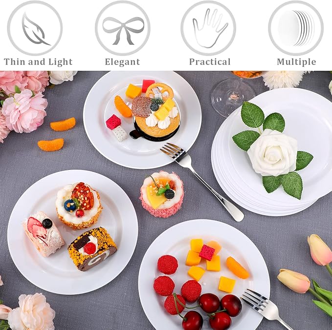 200 Pieces Disposable Plates Plastic Plates with Rim Hard Plastic Appetizer Salad Dessert Plates 7.5 Inch Heavy Duty Plates for Dinner Wedding Party Supplies(White)