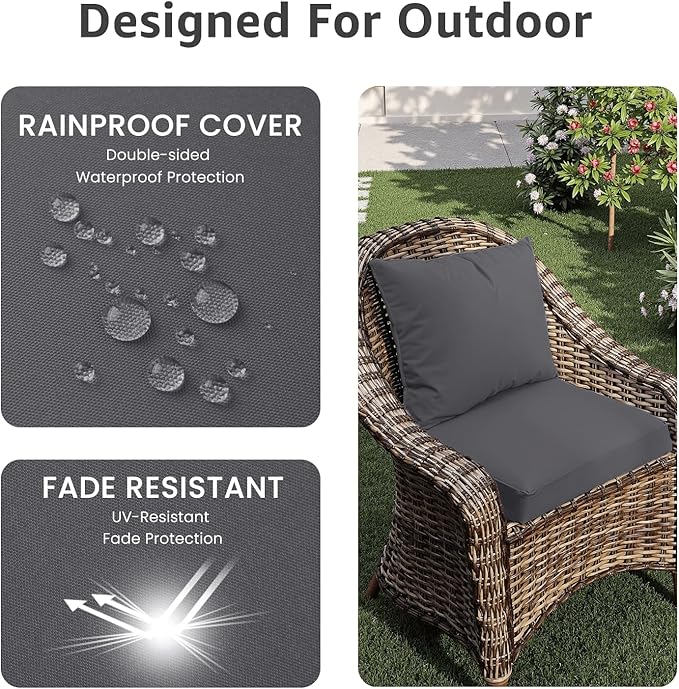 Outdoor Chair Cushions 22 x 22 x 3 Inch, Waterproof & Fade Resistant Patio Seat Cushion for Furniture with Handle and Ties, Thick Seating Pads for Outside Sofa Couch Set of 2, Grey