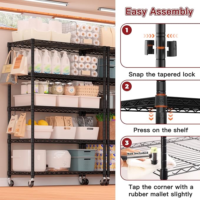 PrimeZone 4 Pack 5 Tier Wire Shelving Rack Storage Shelves with Wheels,Adjustable Rolling Heavy Duty Metal Shelving Unit,Utility Shelf for Kitchen Garage Closet Pantry 36" W x 14" D x 74" H