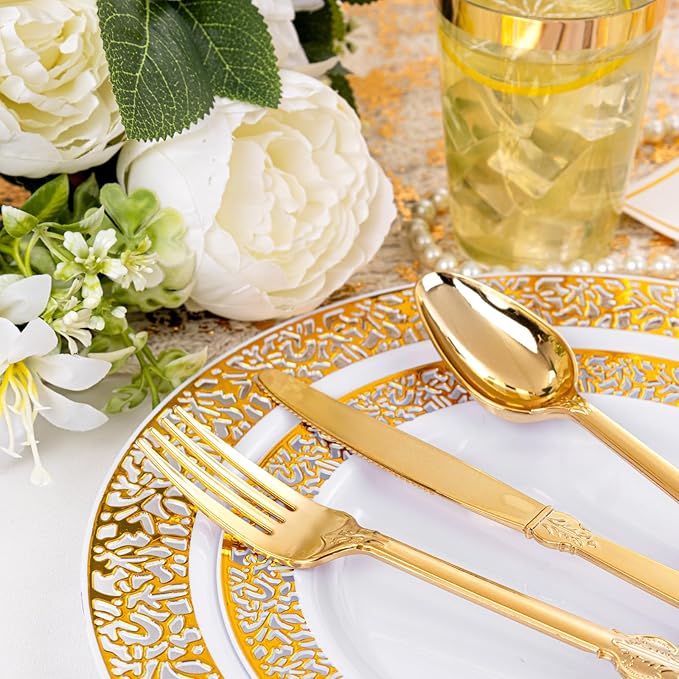 bUCLA 350PCS Gold Plastic Dinnerware Set for 50 Guests - Gold Plastic Plates Disposable for Party Include 50 Dinner / 50 Dessert Plates,50 Forks, 50 Knives, 50 Spoons,50 Cups,50 Napkins