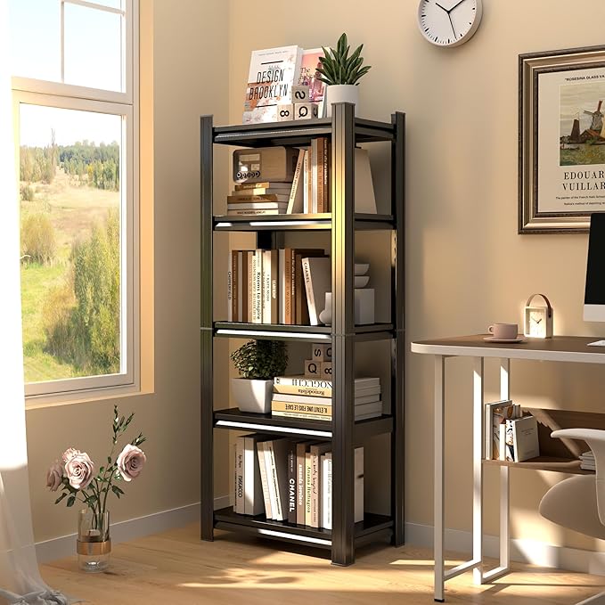 Tall Bookshelf with Open Shelves, Metal Office Book Shelf, Adjustable Organizer Bookcase, Standing Storage Organizer Shelf for Living Room (24" W*14" D*59" H)