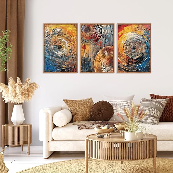 Large Colorful Tree Ring Framed Canvas Wall Art,Modern Tree Stump Wall Decor,Abstract Wood Grain Artwork,Neutral Botanical Annual Ring Art Print for Living Room,Bedroom,Office-24 x36 x3