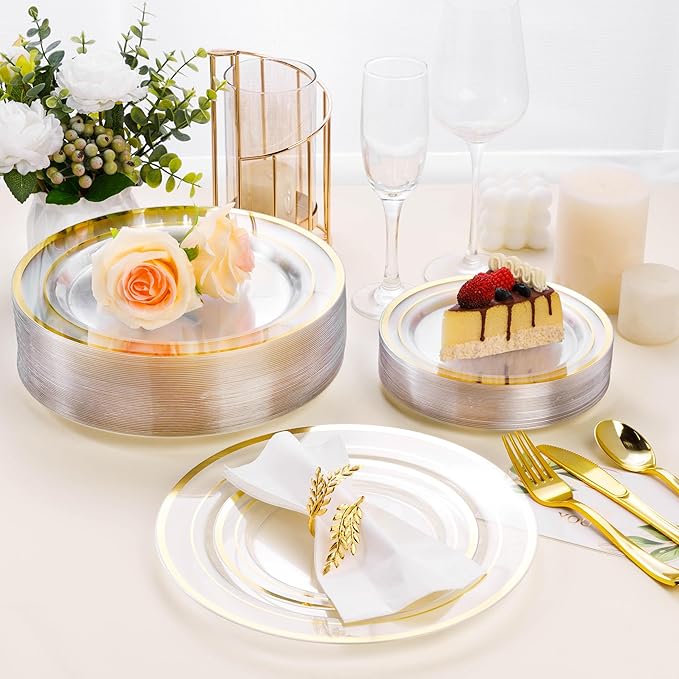 100PCS Clear Plastic Plates for Party, 10.25 Inch Heavy Duty Dinner Plates with Gold Rim, Disposable Plates for Wedding and Birthday