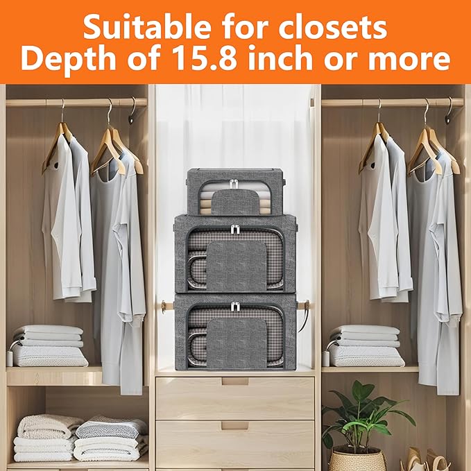 64L Stackable Clothes Storage Bins with Metal Frame, 4 Piece Stackable Clothes Organizer with Double Opening + Clear Window Design for Cabinets, Under Beds, Storage and Garage Gray