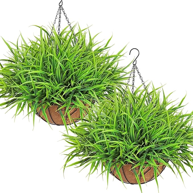 KHOYIME 2 Set Artificial Hanging Plants Basket for Outdoors Indoor, Faux Green Grass Baskets Fake Greenery Stems Planters UV Resistant Spring Summer Decor for Home Garden Porch Balcony Patio Yard