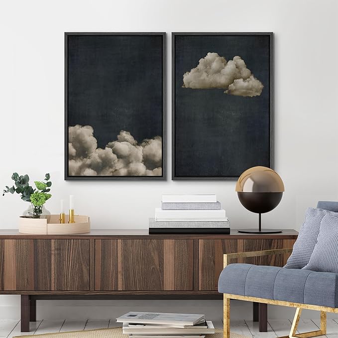MUDECOR Framed Canvas Print Wall Art Vintage Cloudscape Dark Moody Sky with Floating Clouds Illustrations Modern Art Decorative Chic for Living Room, Bedroom, Office - 16"x24"x2 Black