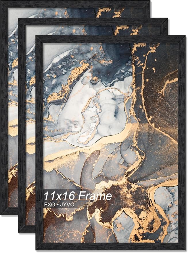 Engineered Wood 11x16 Picture Frame Set of 3, Black Frame for 11 x 16 Inch Picture Poster Photo, Light Weight 11 by 16 Frame with Wood-grain for Wall - 3 Pack/Black/11 x16