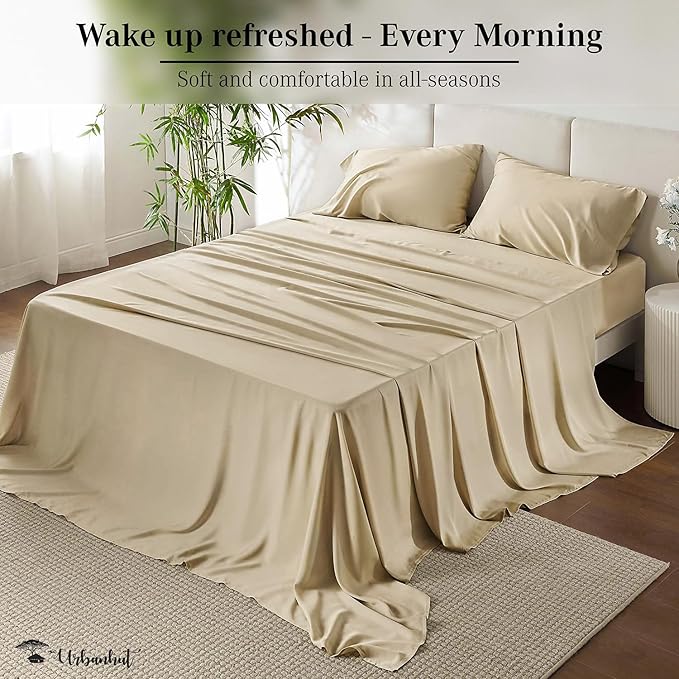 URBANHUT 700 Thread Count Egyptian Cotton Sheets King Size, 4Pc Bed Sheet Set Soft Luxury Bed Sheets for King Size Bed, Sateen Weave Hotel Sheets, 16'' Elasticized Deep Pocket - Sand