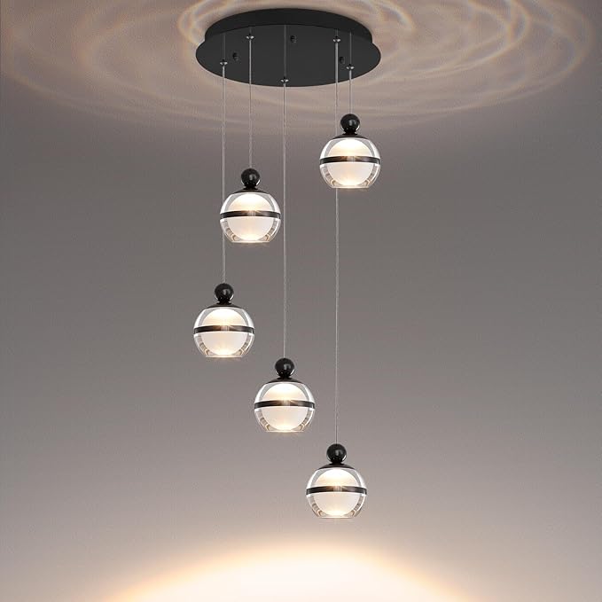 Modern Black Pendant Lighting LED Dimmable Hanging Pendant Light Fixtures Globe Cluster Pendant Lights Kitchen Island for Dining Room Living Room Bedroom Stairs 5 Lights