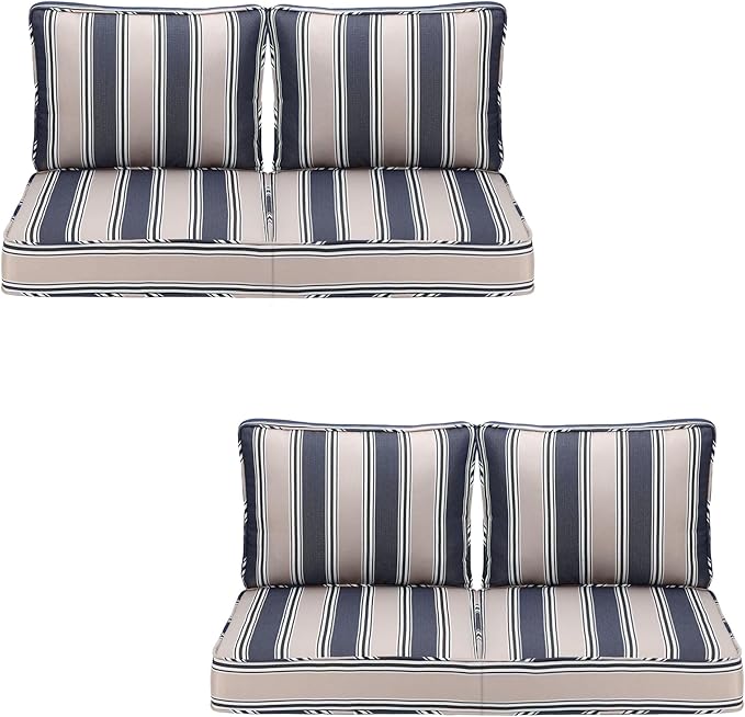 Outdoor Deep Seating Cushion Set, 24" x 24", Waterproof & Fade Resistant Patio Furniture Cushions with Handle, Deep Seat and Back Cushion for Chair and Sofa (4, Blue Stripe)