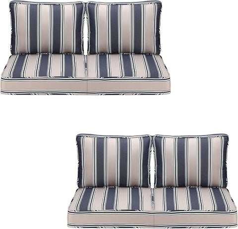 Outdoor Deep Seating Cushion Set, 24" x 24", Waterproof & Fade Resistant Patio Furniture Cushions with Handle, Deep Seat and Back Cushion for Chair and Sofa (4, Blue Stripe)