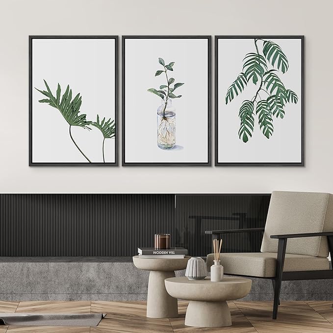 SIGNWIN Framed Wall Art Print Set Trio of Jungle Palms & Snake Succulents Floral Plants Photography Modern Art Minimalist Black and White for Living Room, Bedroom, Office - 24"x36"x3 Black