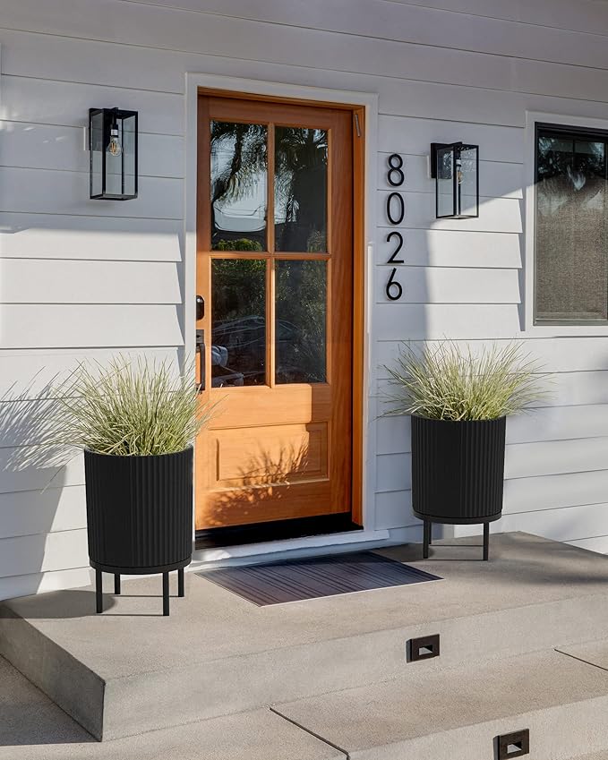 Veradek Demi Series Round Planter w/Stand for Porch/Patio | Durable Plastic-Stone Composite & Wooden Stand | Modern Décor for Tall Plants, Flowers
