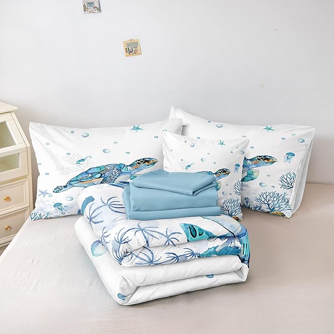 Ocean Themed Bedding Sets 6 Pieces Twin Bed in A Bag Teal Blue Turtle Sea Horse Animal Cartoon Pattern Beach Coastal Bedding Comforter