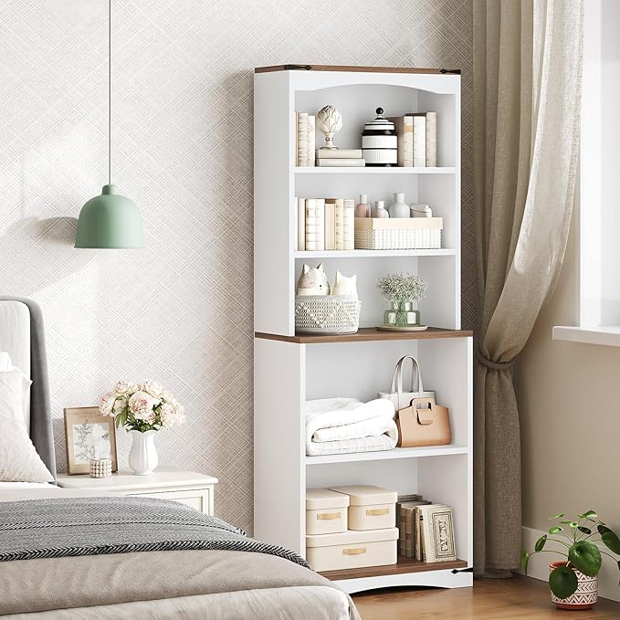 Tall Bookcase and Bookshelf, 6-Tier Bookcase with Storage, 63" Wooden Bookshelf, Farmhouse Freestanding Display Storage Shelves for Home Office, Living Room, White and Natural SJ09WH