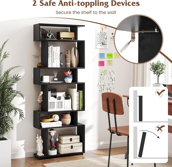 Tangkula 6-Tier S-Shaped Bookshelf, 64" Freestanding Geometric Bookcase, Home Office Wood Storage Shelf with Anti-Toppling Device, Room Divider Display Rack for Study, Living Room (1, Black)