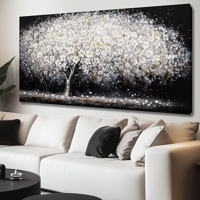 NBAODAN Large Modern Artwork Black and White Tree Picture Wall Decor Canvas Wall Art for Living Room Dining Room Kitchen Bedroom 29"x58" White Floral With Gold Decorations