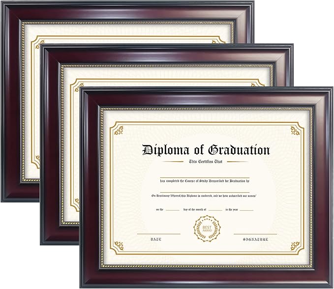 GraduatePro 8.5x11 Diploma Frame, Picture Frame for Wall and Tabletop Display with UV Protection Acrylic, Professional Wooden Look, Mahogany with Gold Beaded, Pack of 3