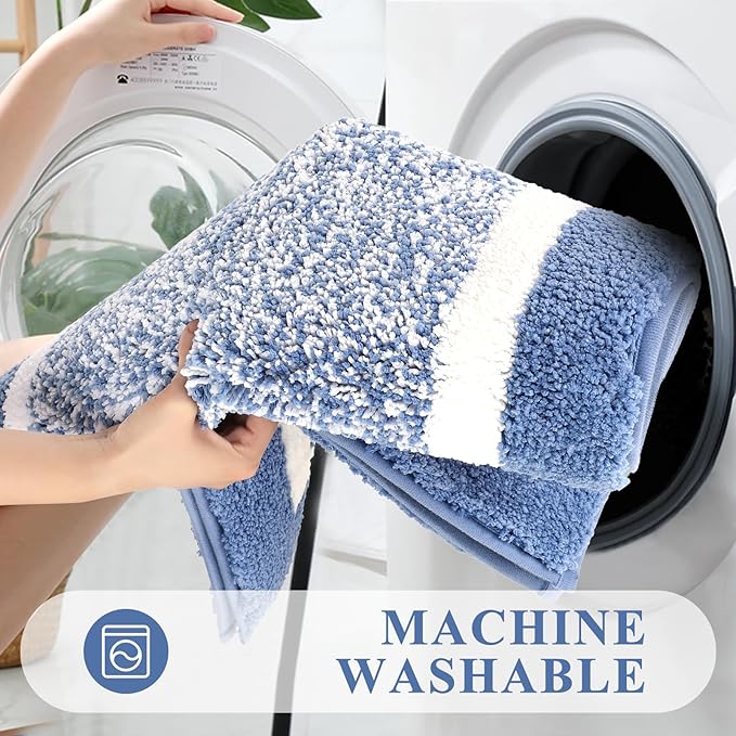 Pauwer Bathroom Rugs Set 5 Piece, Plush Absorbent Microfiber Bath Mats for Bathroom, Non Slip Washable Bath Rug Set with U Shaped Contour Toilet Rugs, Shower Rug and Toilet Lid Cover, Blue
