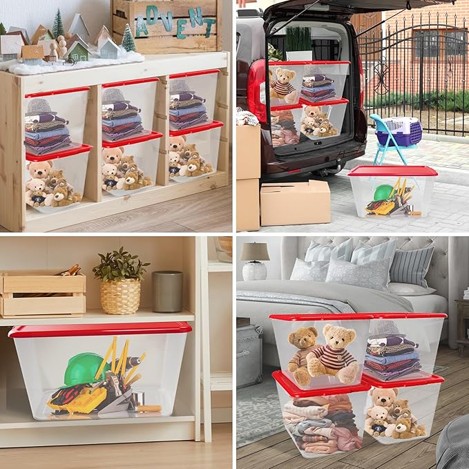 Storage Totes with Lids - Made in USA 14.5-Gallon (58-Quart) 4-Pack storage bins with lids plastic storage containers large storage boxes for Organizer Red/Clear