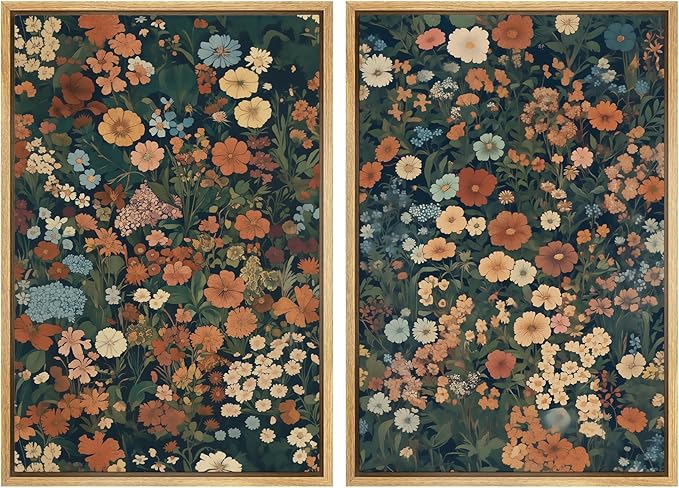 MUDECOR Framed Canvas Print Wall Art Vintage Floral Botanical Colorful Wildflowers Illustrations Modern Art Decorative Bohemian Colorful for Living Room, Bedroom, Office - 16"x24"x2 Natural