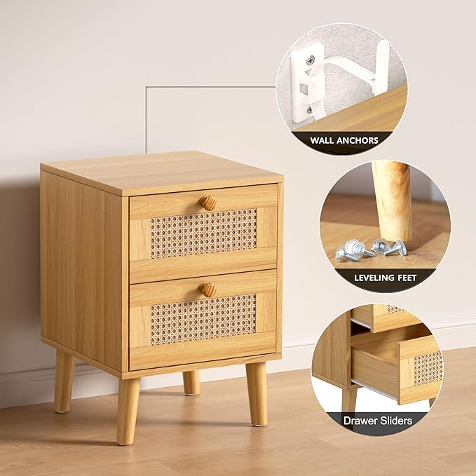 Rattan Nightstand,Boho and Wood Night Stand with Drawers,Bedside Rattan Table and Small nightstand,Natural Wood Nightstand for Bedroom,Oak (Oak)
