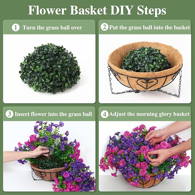 KHOYIME Artificial Hanging Flowers Plants Basket for Outdoors Indoor, 2 Set Faux Silk Purple Fuchsia Morning Glory Fake Eucalyptus Planters UV Resistant Spring Summer for Decor Home Garden Porch Patio