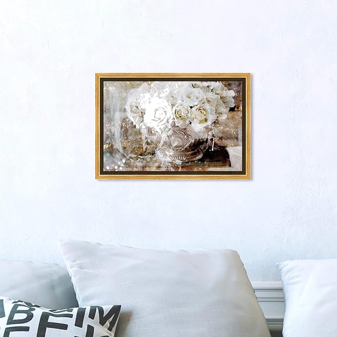 The Oliver Gal Artist Co. Floral and Botanical Framed Wall Art Canvas Prints 'Serving Roses' Florals, White/Gold, 15" x 10"