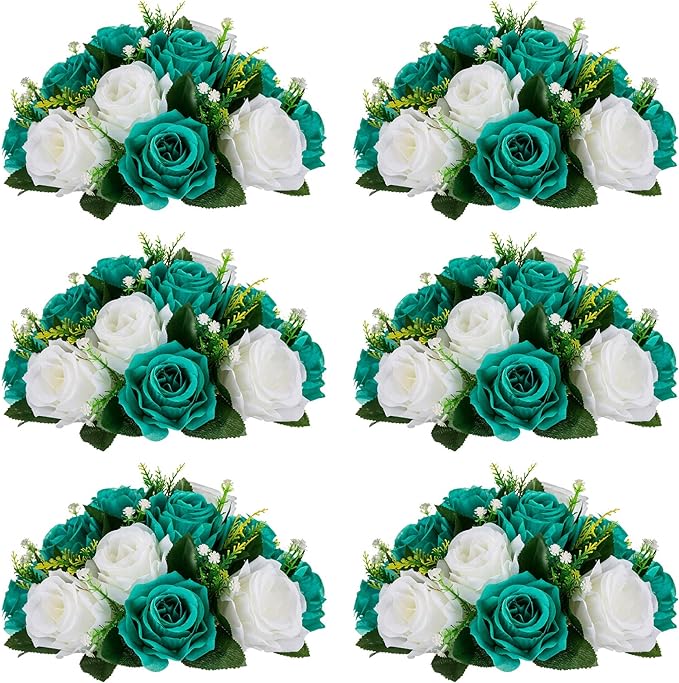 NUPTIO Flower Wedding Centrepieces for Tables - 6 Pcs 9.5in Diameter Teal & White Artificial Flowers Rose Ball for Centerpieces Table - Fake Rose Arrangements for Weddings Birthday Party Decorations