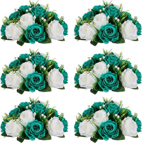 NUPTIO Flower Wedding Centrepieces for Tables - 6 Pcs 9.5in Diameter Teal & White Artificial Flowers Rose Ball for Centerpieces Table - Fake Rose Arrangements for Weddings Birthday Party Decorations