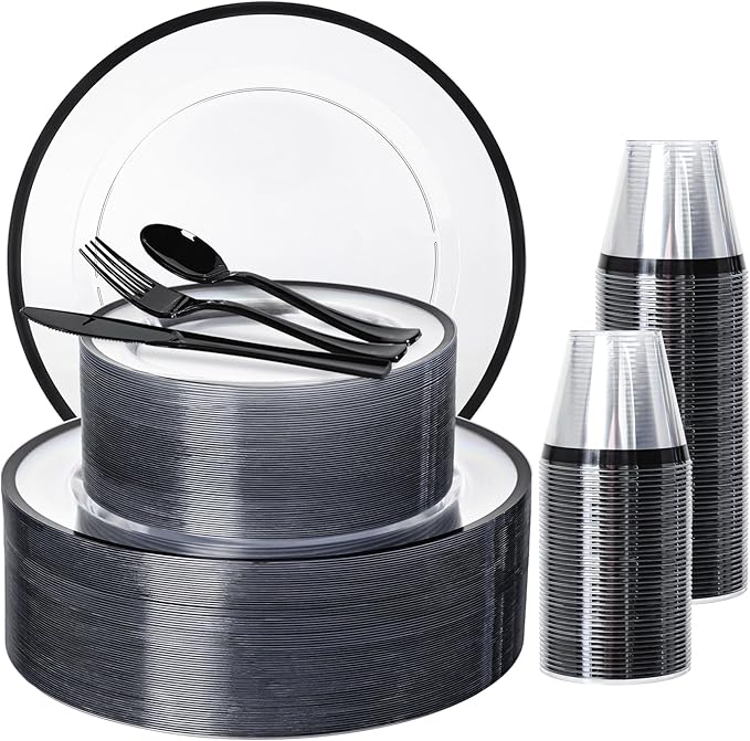N9R 600PCS Black Disposable Plates, Heavy Duty Plastic Dinnerware Set for 100 Guests Includes 100 Dinner & Dessert Plates, Cups, Spoons, Forks, and Knives, Perfect for Parties, Weddings,and Daily Use