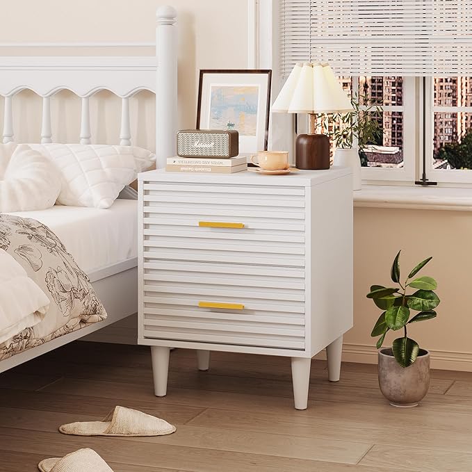 Alohappy Nightstands Set of 2, Mid Century Modern Night Stands, Fluted Bedside Tables for Bedroom, End Tables with Storage Drawers, Vintage Bed Side Table Wood Accent Table for Living Room, White 2pc