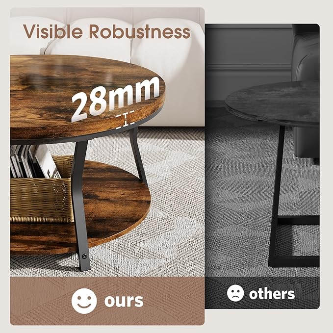 Round Coffee Tables for Living Room, Circle Wood Coffee Table, 2 Tier Industrial Modern Center Table with Thickened Tabletop and Metal Frame, 31.5 inch (Rustic Brown)