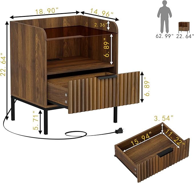Nightstand Set of 2 with Charging Station, Mid Century Modern Night Stand, Fluted Bedside Table with Glass Top & Metal Legs, Wood End Table for Bedroom, Living Room (Walnut)