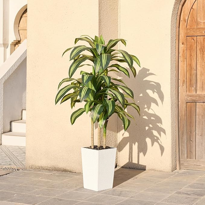 Artificial Dracaena Tree 5ft – UV Resistant Tall Fake Plant with Large Taper Planter & Pebbles– Large Potted Faux Tree for Indoor & Outdoor, Living Room, Office, Porch, Home Decor, VN127