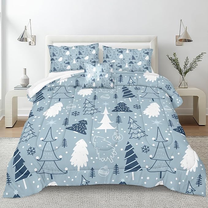 Bedorm Christmas Tree Bedding Comforter Blue Winter Comforter Set Blue White Snowflake Xmas Tree Holiday Decor Cute Christmas Quilt Comforter Set Queen Size