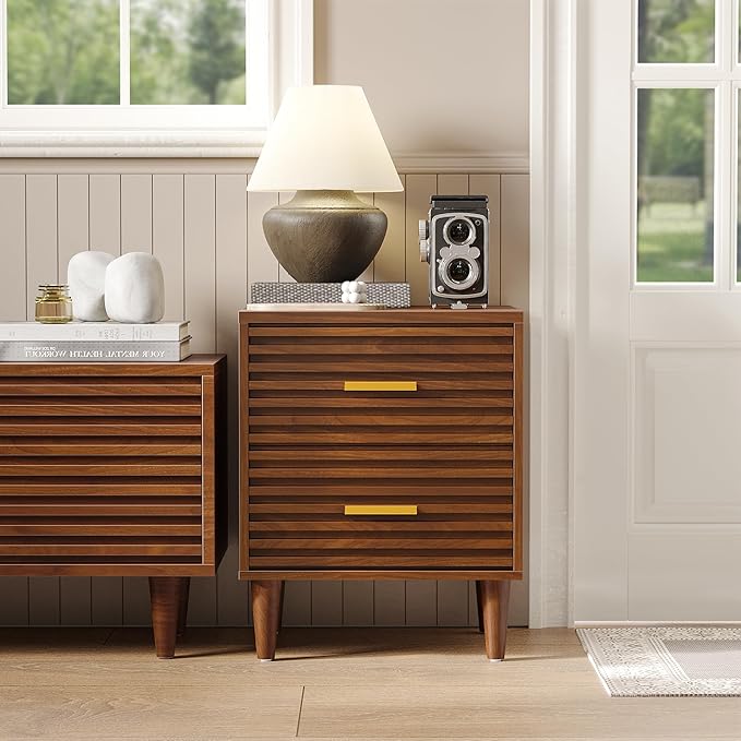 Alohappy Nightstand, Mid Century Modern Night Stands, Fluted Bedside Table for Bedroom, End Table with Storage Drawers, Vintage Bed Side Table Wood Accent Table for Living Room, Brown 1pc