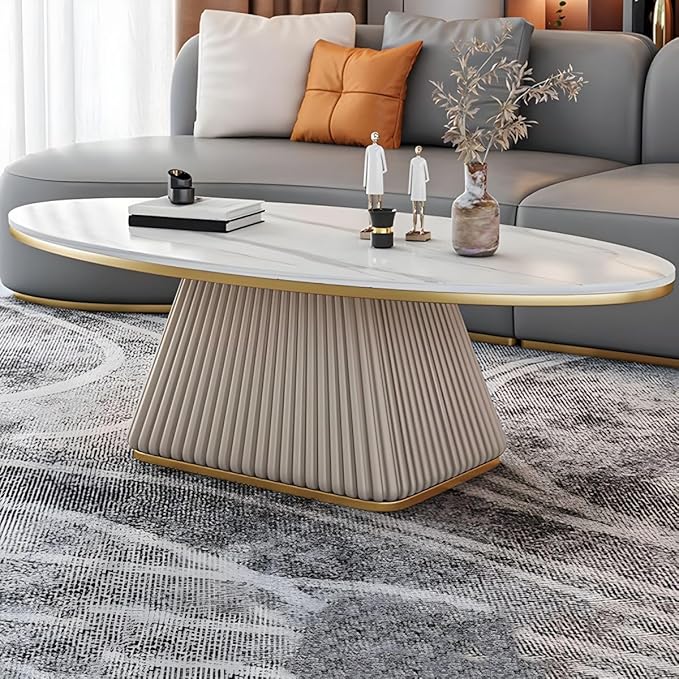 RUNNUP Oval Stone Coffee Table Modern Side End Table for Coffee Dinning Living Room Kitchen, Small Stand Contemporary Design Home Furniture Marble Table for Couch, 47" L x 24" W x 18" H Black