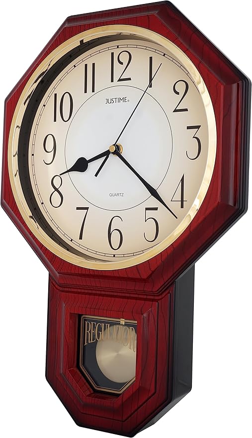 JUSTIME Traditional Schoolhouse Gradient Arabic Regulator Wall Clock, Chiming Wall Clocks with Pendulum & Westminster Chime Hourly, Schoolhouse Wall Decor Battery Operated (Red Mahogany)