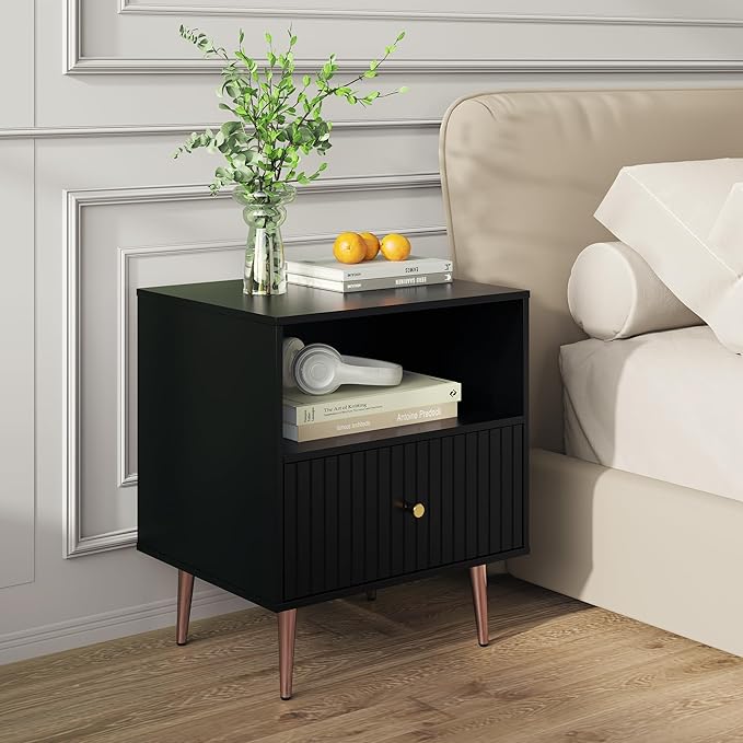 Black Night Stand Set 2,Modern Bedside Table with Door and Open Storage,Fluted Nightstand and Wood End Side Table with Rose Gold Metal Legs and Handles for Bedroom,Living Room,Black