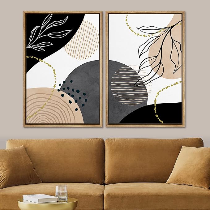 SIGNFORD Framed Canvas Print Wall Art Set Mid-Century Nordic Geometric Ring Plants Abstract Shapes Illustrations Modern Art Decorative Bohemian for Living Room, Bedroom, Office - 24"x36"x2 Natural