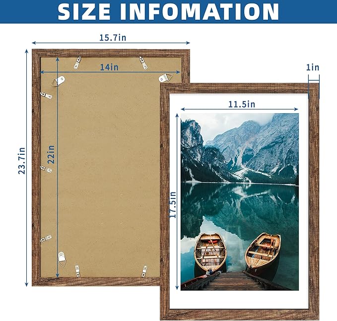 14x22 Picture Frame Set of 2, Rustic Brown Wood Style - Display 14 x 22 Picture without Mat or 12x18 Picture with Mat, Wall Mounting Horizontal and Vertical
