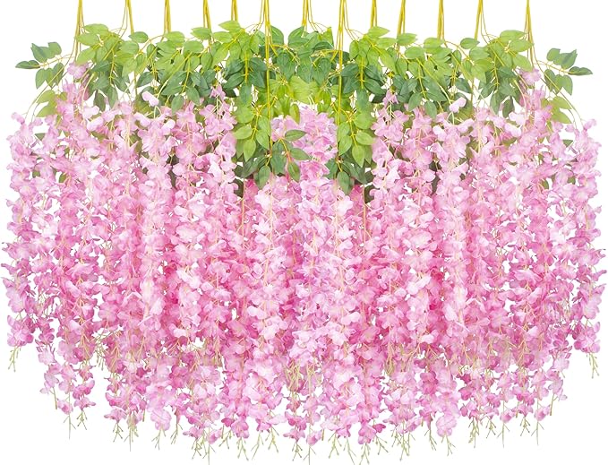 24 Pack Artificial Fake Wisteria Vine Ratta (3.75 Feet) Hanging Garland Silk Flowers String Home Party Wedding Decor(Pink)