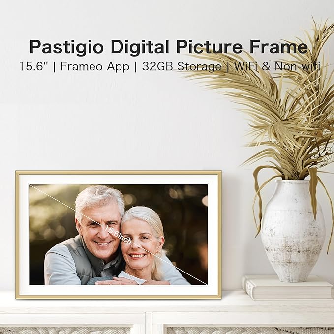 Digital Picture Frame, 15.6 inch Large Digital Photo Frame WiFi, 32GB Capacity, 1920 * 1080 IPS FHD Touch Screen, Electronic Frame Slideshow, Tabletop&Wall-Mounted, Gifts for Mom, Women, Golden