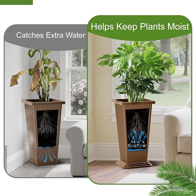24-Inch Tall Planters Set of 2 for Outdoor and Indoor Use,Tapered Flower Pots with Drainage Tray, Front Porch and Patio Decor,Ideal for Large Plants (Stripes-Brown)