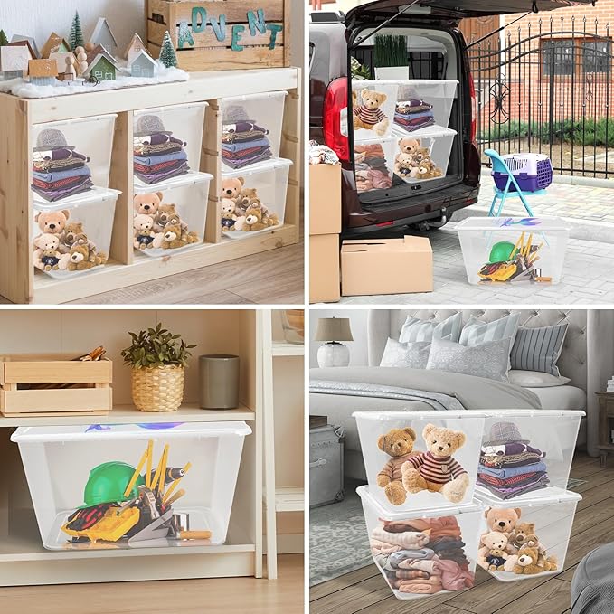 Storage Totes with Lids - Made in USA 14.5-Gallon (58-Quart) 4-Pack storage bins with lids plastic storage containers large storage boxes for Organizer Mermaid White/Clear