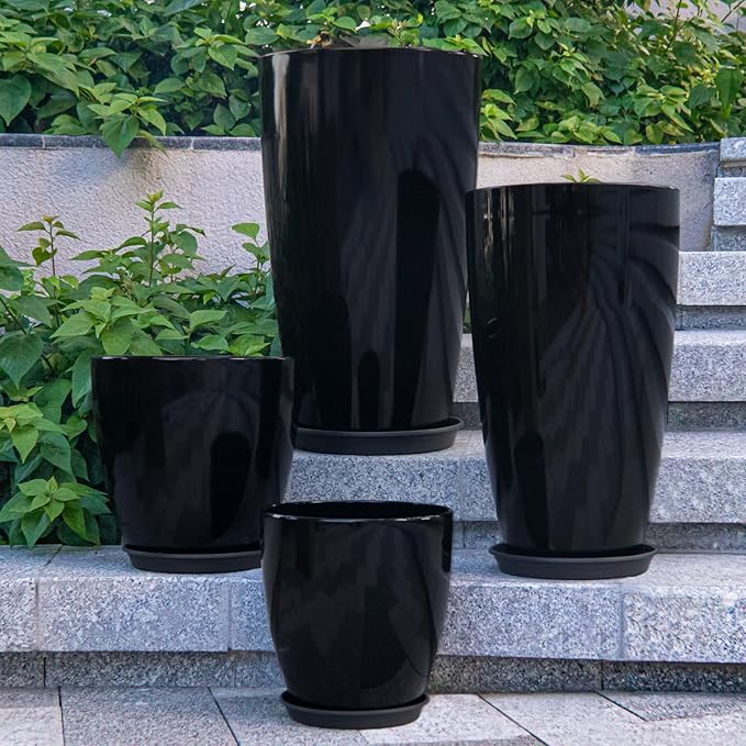 ZMTECH 24/21/12/10" H Large Plastic Planters with Drainage Hole and Saucer -Set of 4 Tall Plant Pots for Indoor & Outdoor Use,Black Glossy Smooth Lightweight Flower Pot for Front Porch Patio Deck