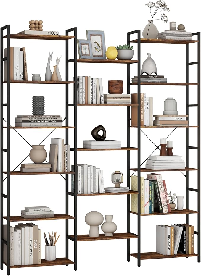 Panana Triple 4/5/6 Tier Bookshelf, Industrial Bookcase with 11/14/17 Open Display Shelves Wide Book Shelf Book Case with Metal Frame for Living Room Home Office (Brown, 6 Tier)
