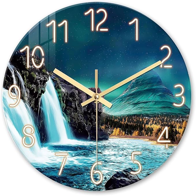 XNM Natural Landscape Teal Wall Clock for Bedroom Round Small Wall Clocks Battery Operated 12 Inch Glass Silent Clock Analog